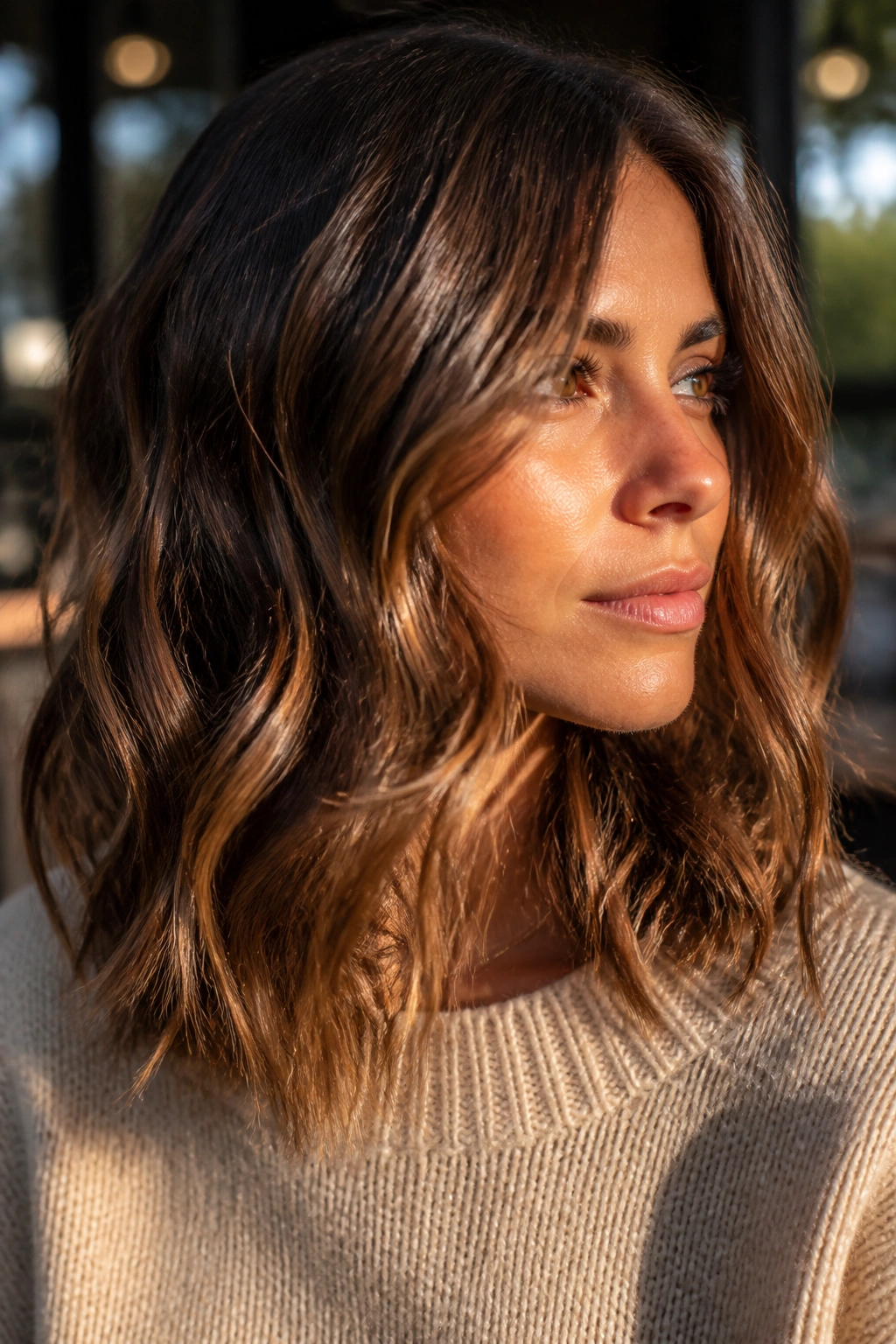 Shoulder-length bronze brunette with sunlit length highlights