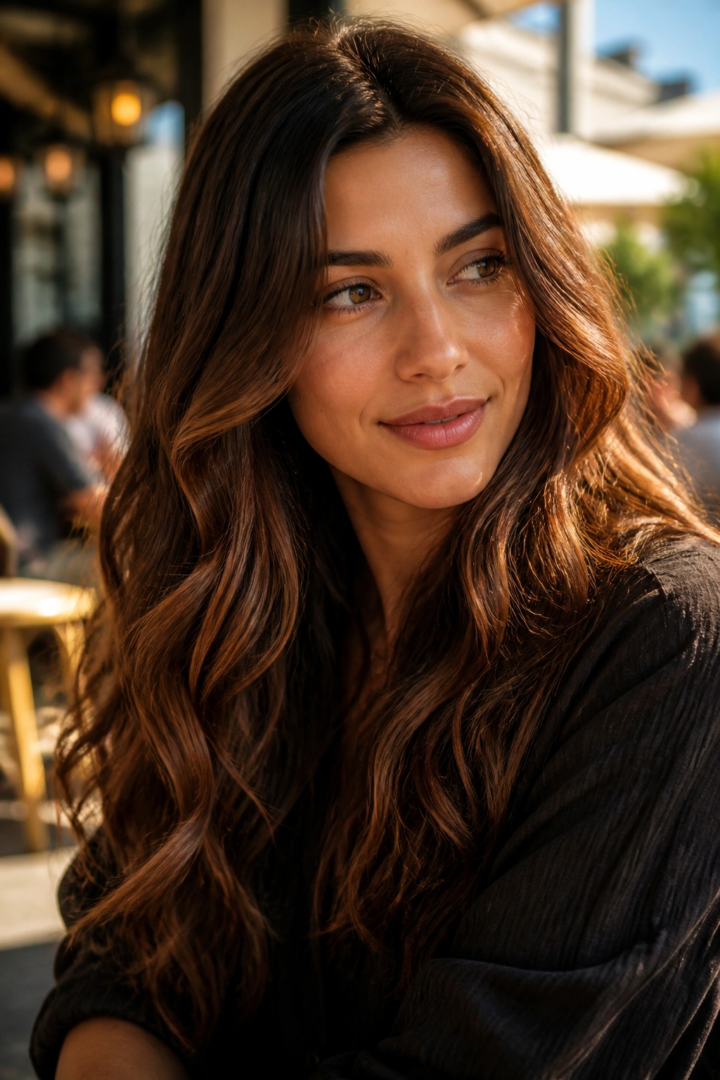 Close-up portrait of a woman with bronze brunette hair and gold-copper highlights in sunlight.