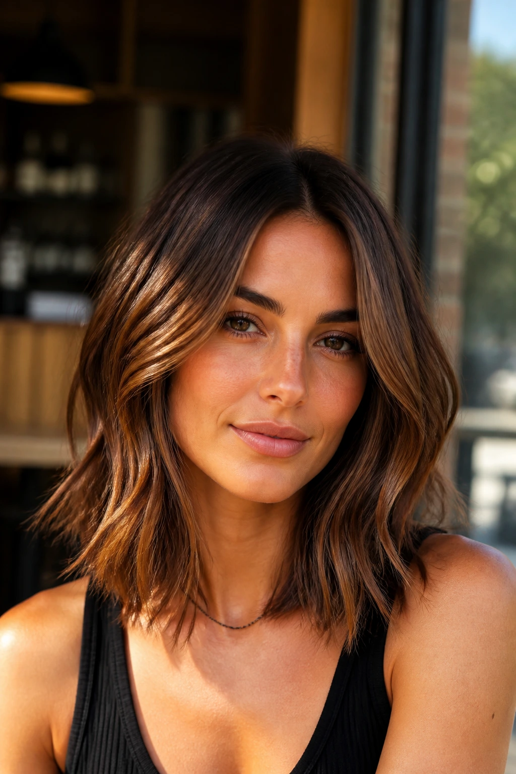 Close-up portrait of a real woman with bronze brunette hair and soft layers.