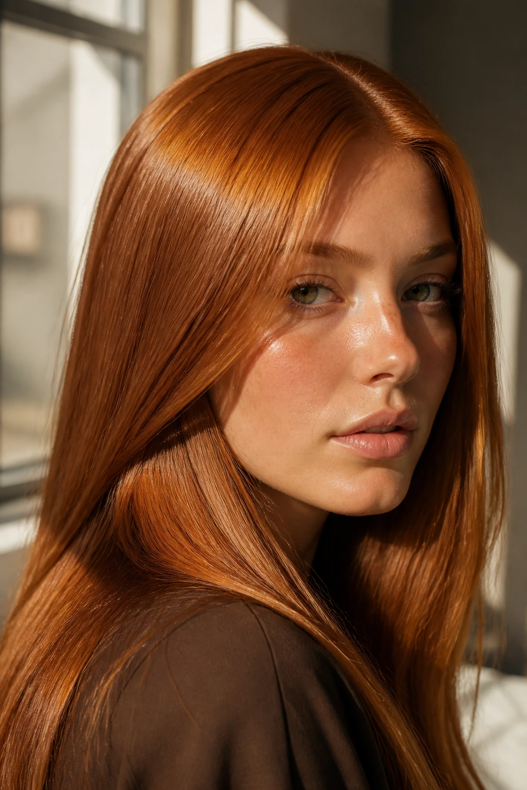 Close-up of a real person with bronze copper hair in daylight