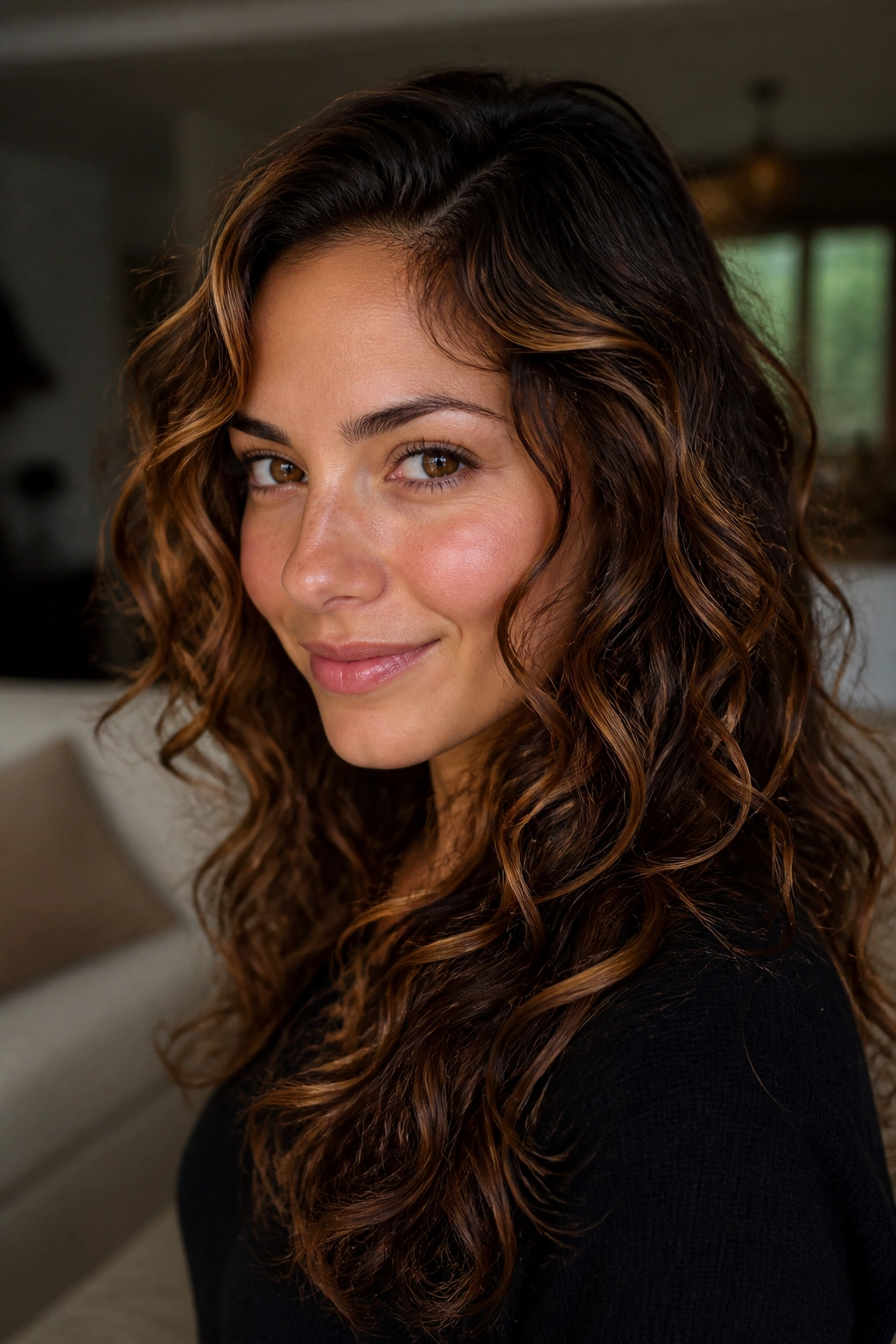 Wavy hair with bronze highlights on the top bends of waves