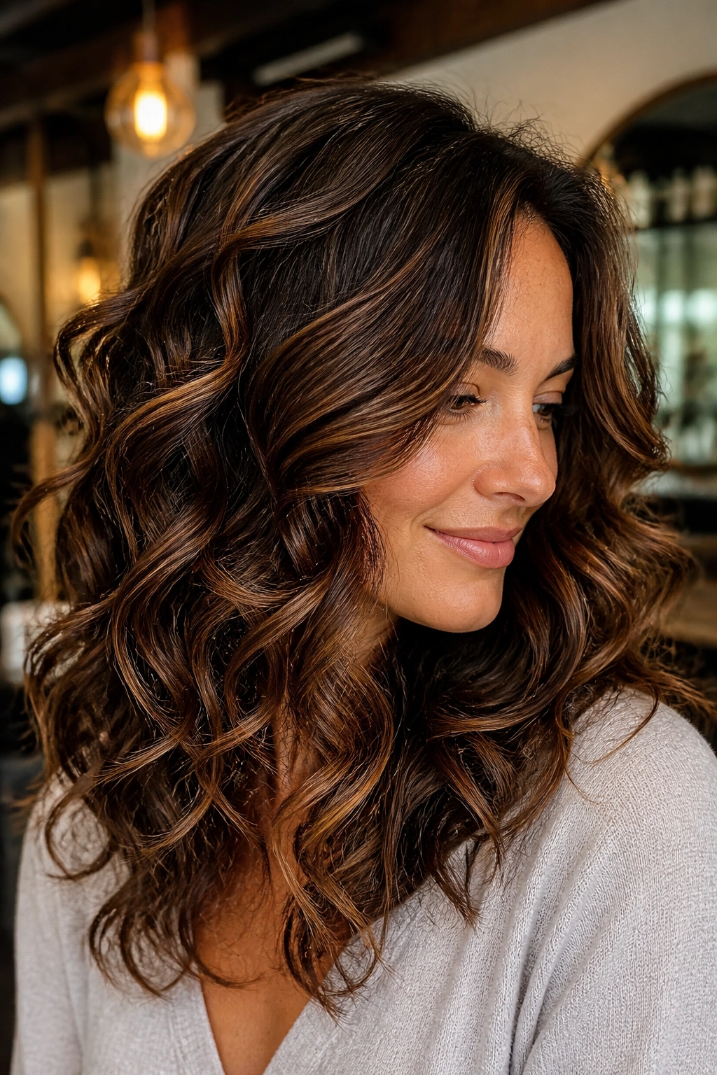 Close-up of brunette hair with bronze foilayage on curls
