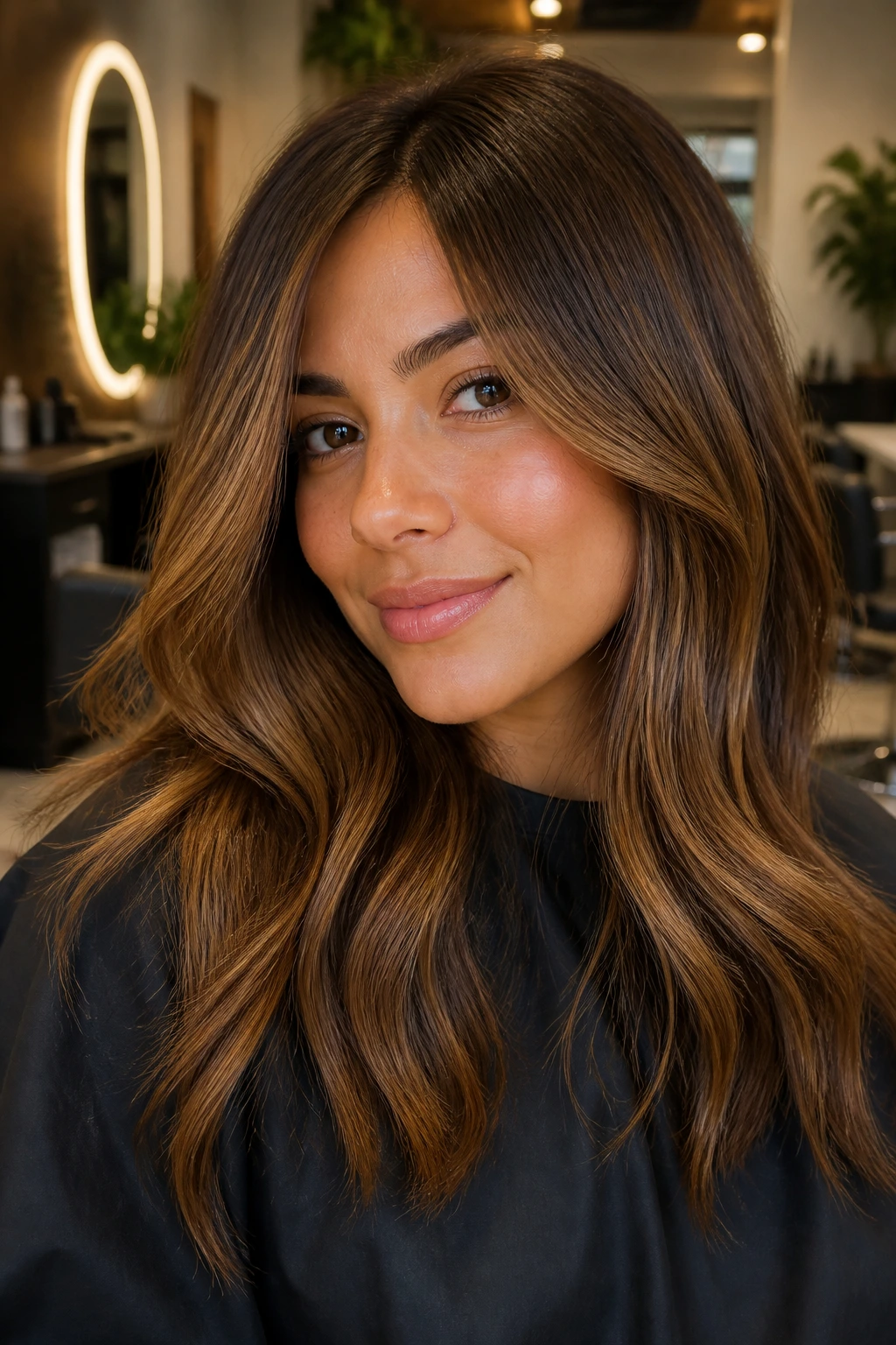 Close-up portrait of a woman with bronze glaze brown hair showing glossy warm metallic highlights