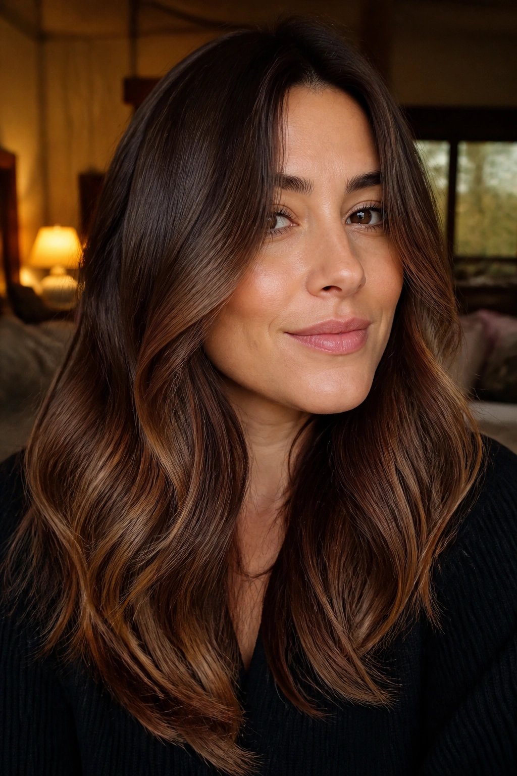 Close-up of a real woman's dark brown hair with bronze glaze under warm indoor light