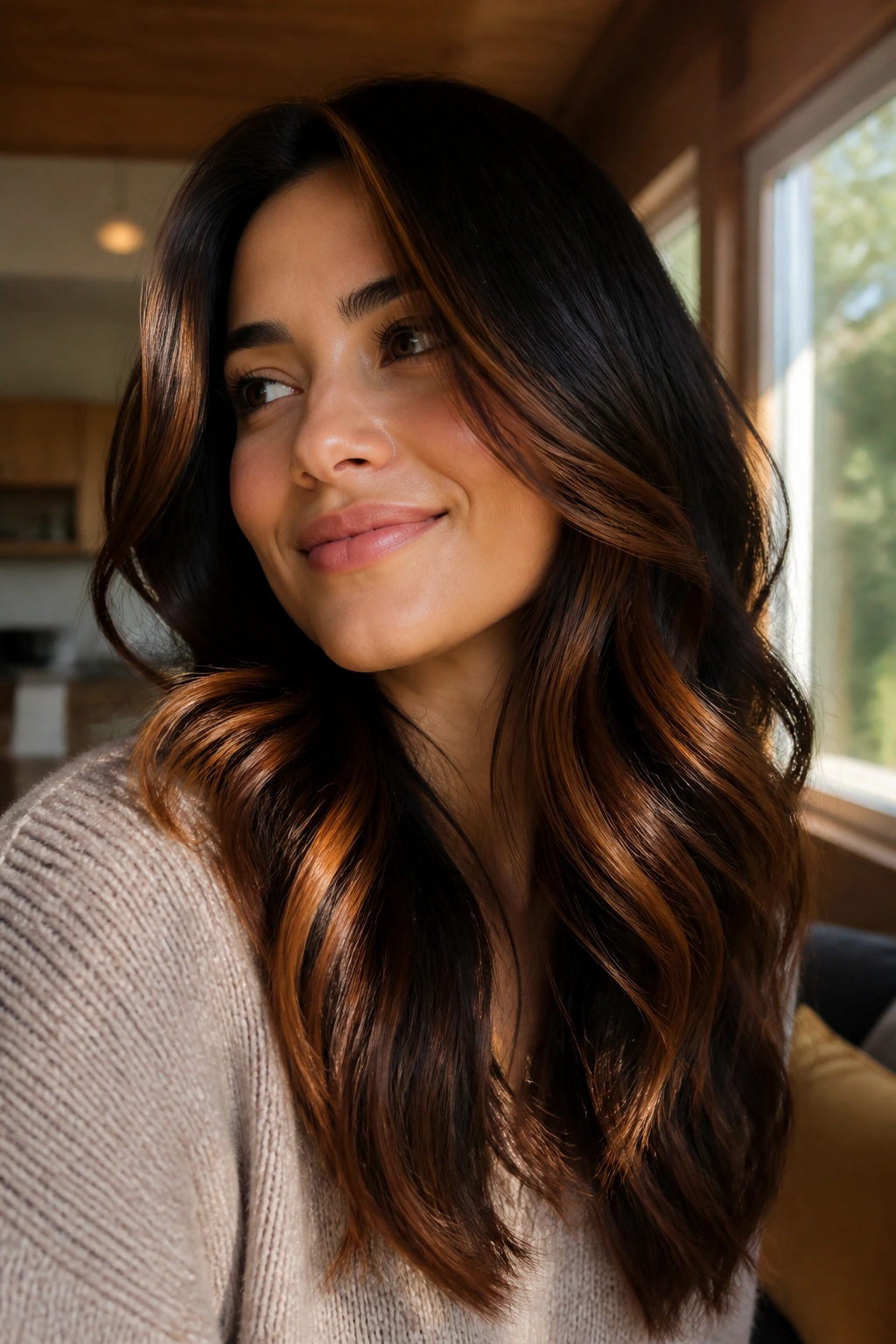 Close-up portrait of a real woman with warm bronze glaze on shiny black hair