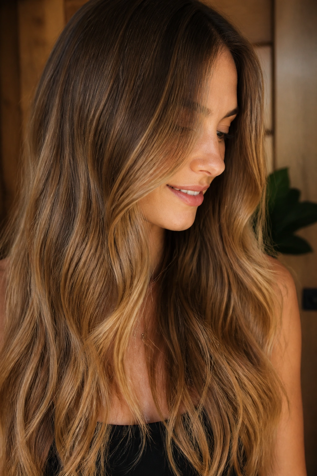 Close-up of a real woman with bronze gloss on dark blonde hair in warm light