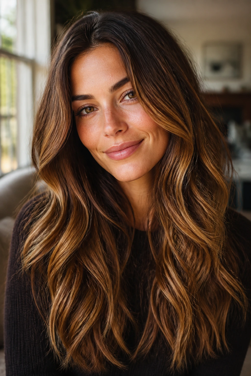 Close-up of a real woman with long brunette hair with bronze and gold highlights