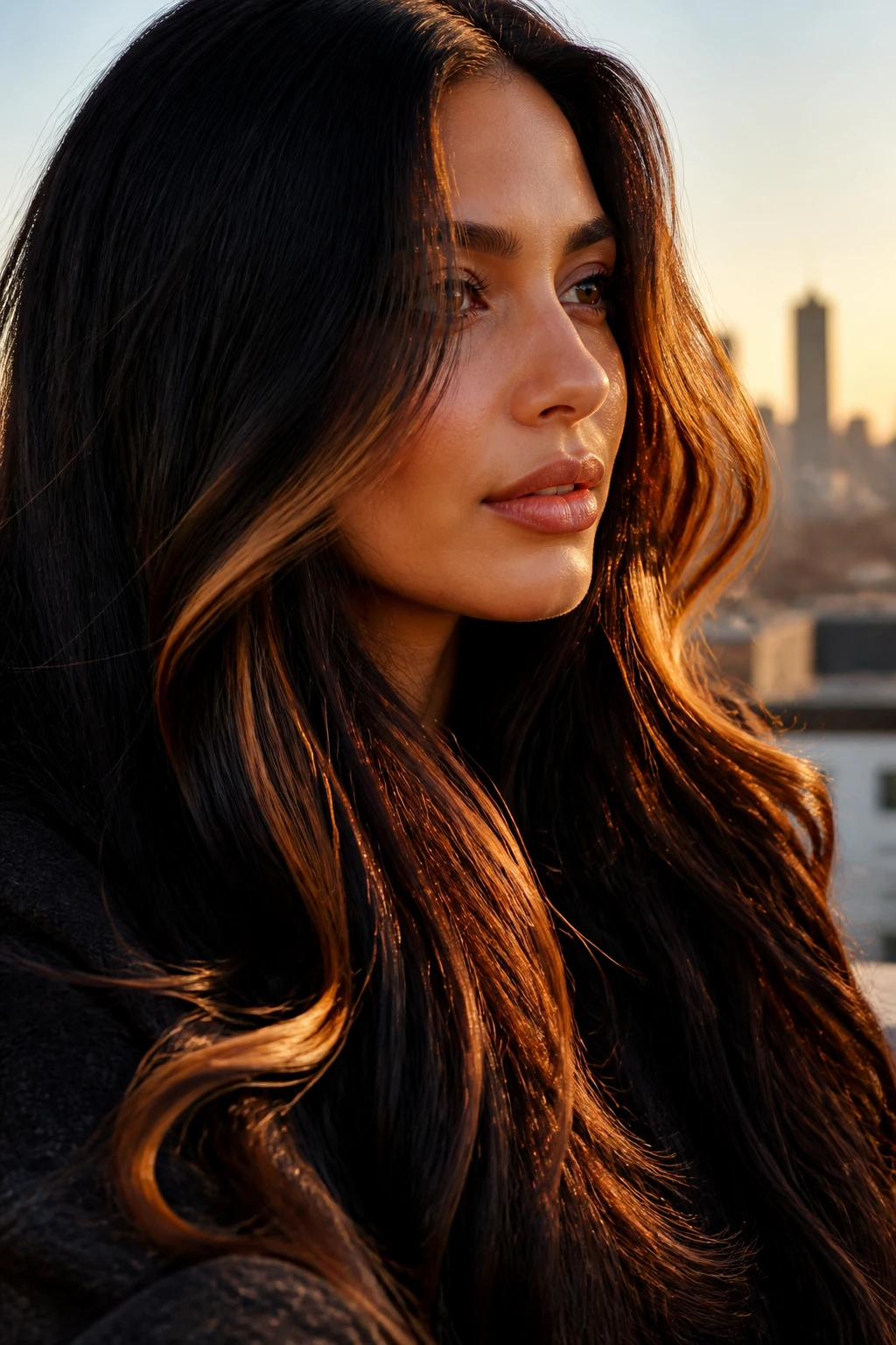 Close-up portrait of a real person with black hair showing bronze highlights for a warm glow
