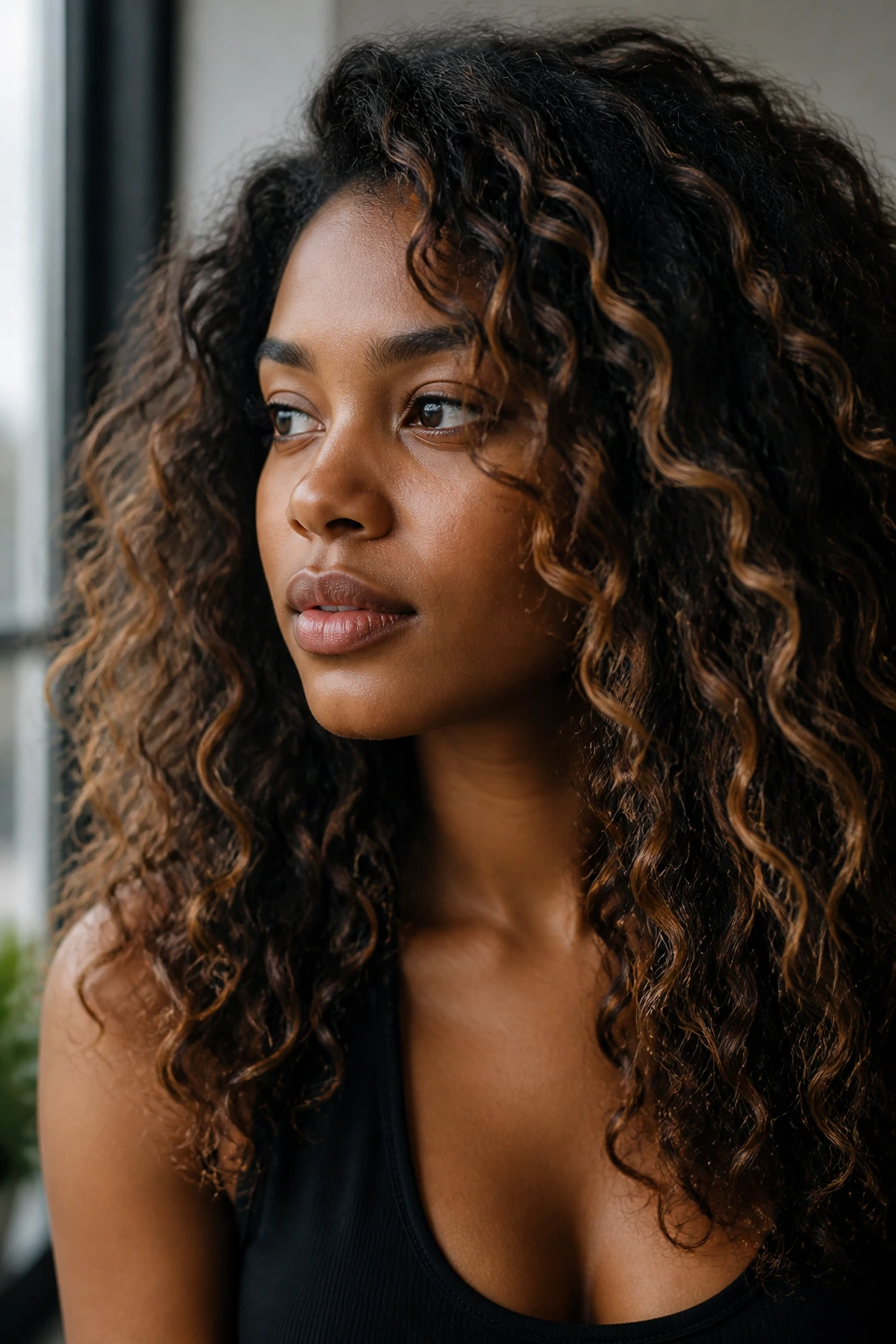 Real person with black hair featuring subtle bronze highlights.