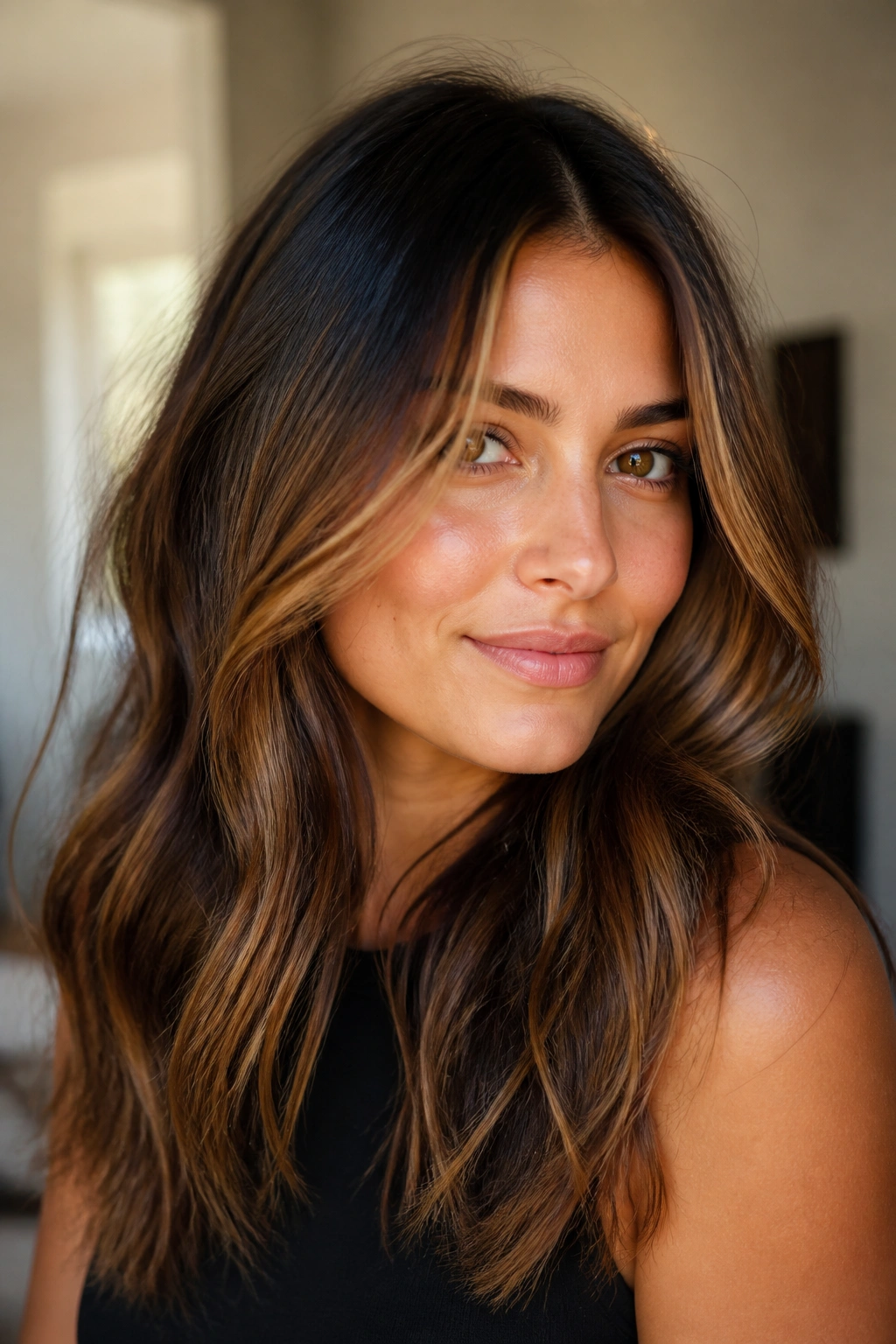 Brunette hair with bronze front highlights framing the face