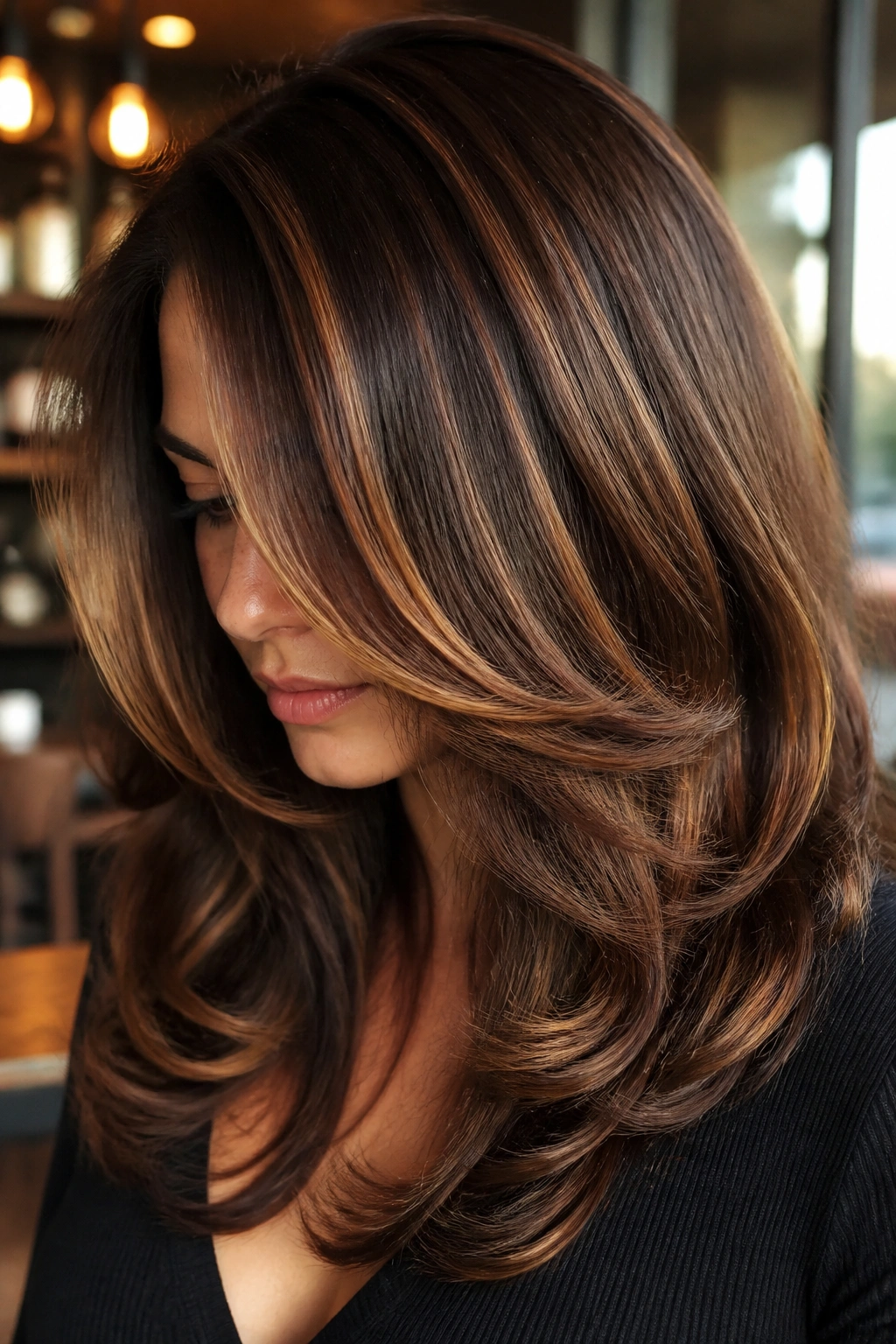 Layered brunette with bronze ribbon highlights close-up.