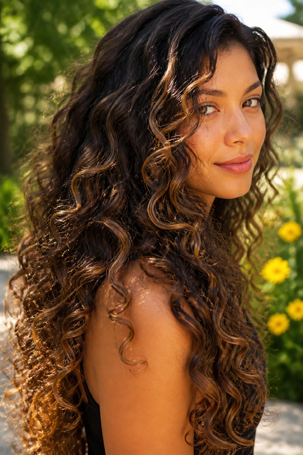 Close-up of a real woman's long curly hair with sun-kissed bronze ribbons woven through, outdoors in warm sunlight.