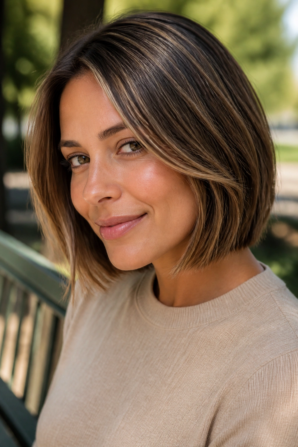 Close-up of a real woman with bronzed babylights bob in natural sunlight