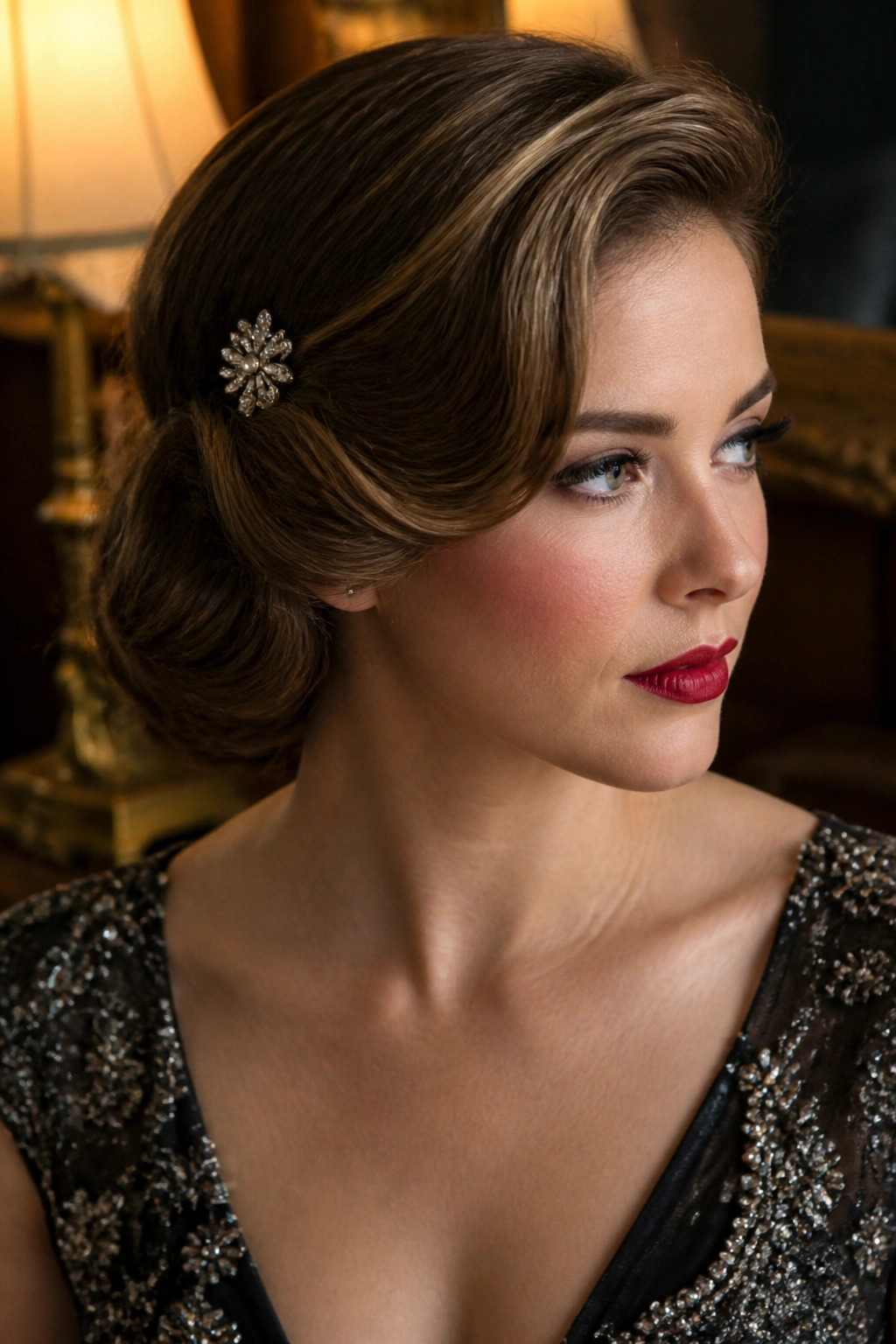 Close-up of a real woman with a brooch-accented side sweep in an elegant evening setting