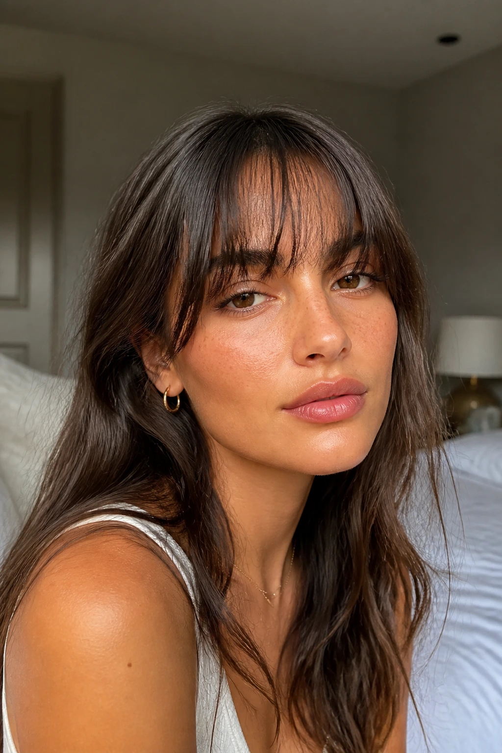 Close-up portrait of a woman with brow-grazing airy fringe in soft daylight