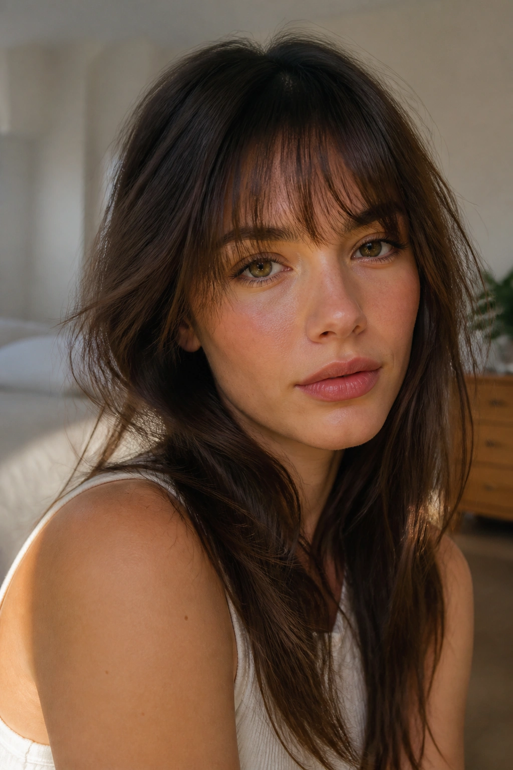 Portrait of a real woman with brow-grazing feathered bangs at eyebrow level, natural lighting