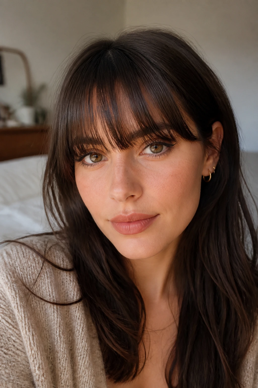 Close-up of a real woman with brow-grazing bangs touching the lashes in soft morning light