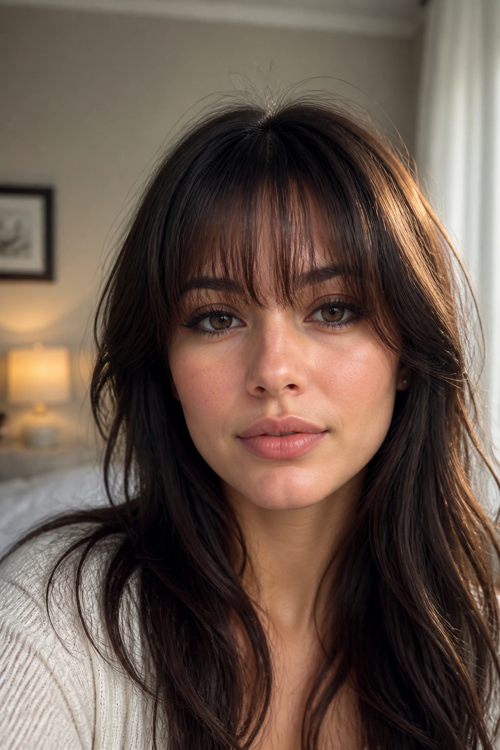 Close-up portrait of brow-grazing wispy bangs on a real woman in soft window light