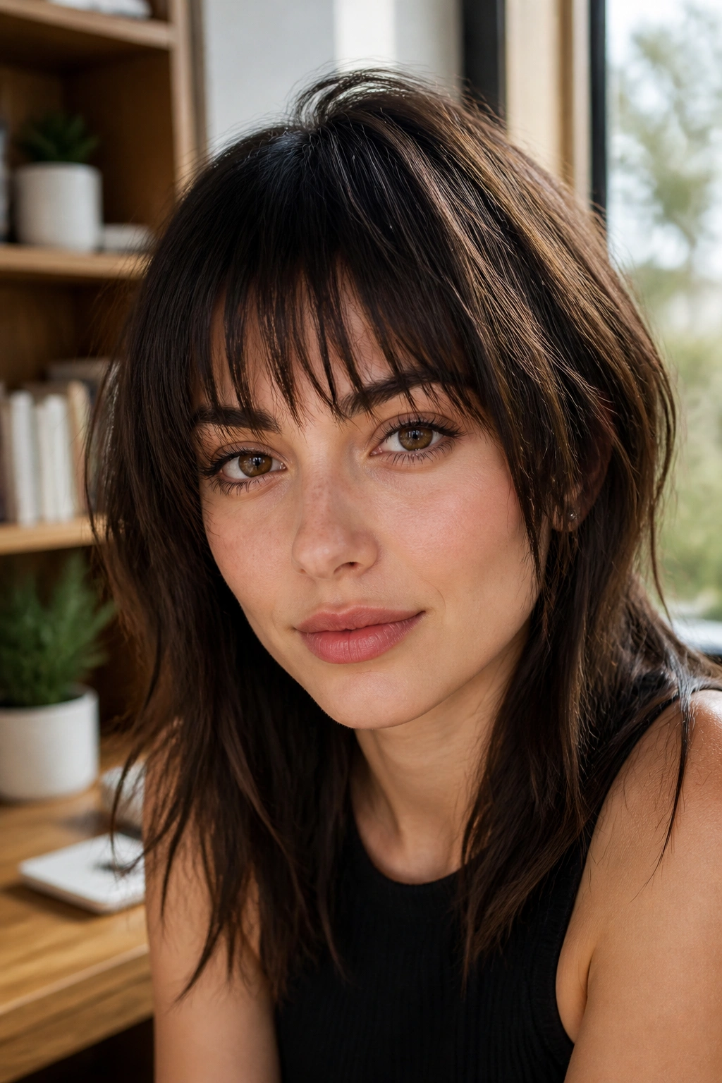 Close-up portrait of a real woman with brow-grazing choppy bangs in natural window light