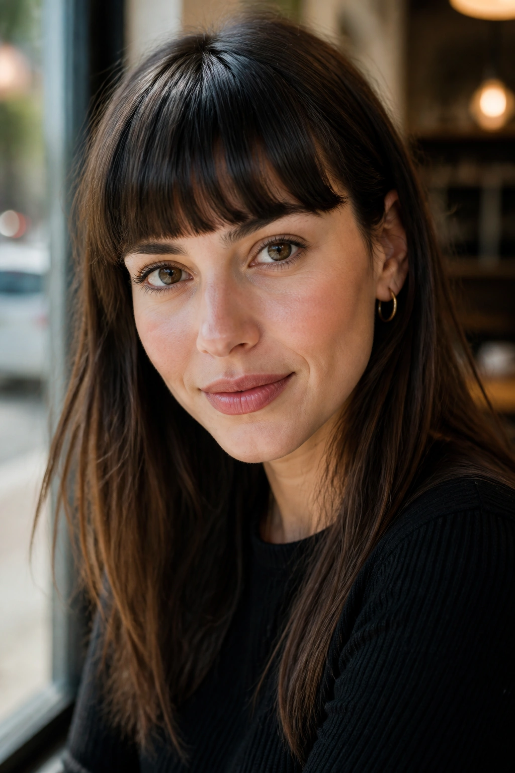 Close-up of a woman with brow-grazing blunt bangs at the brows
