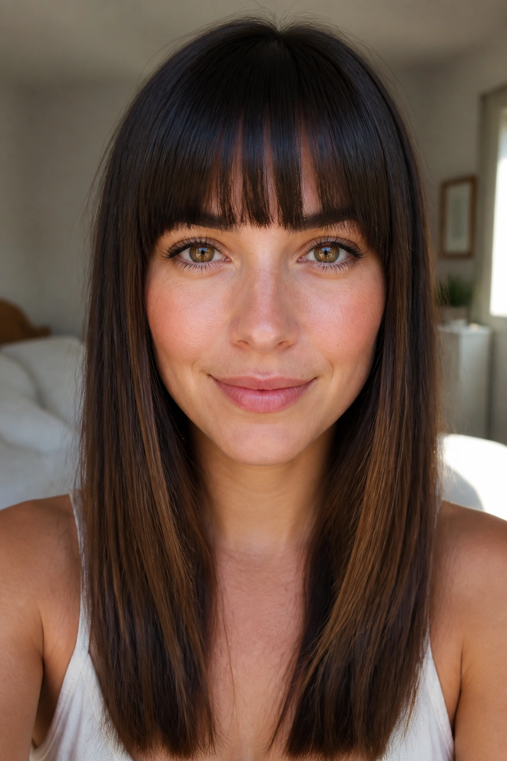 Close-up portrait of a real woman with brow-grazing blunt bangs kissing the brows, natural window light.