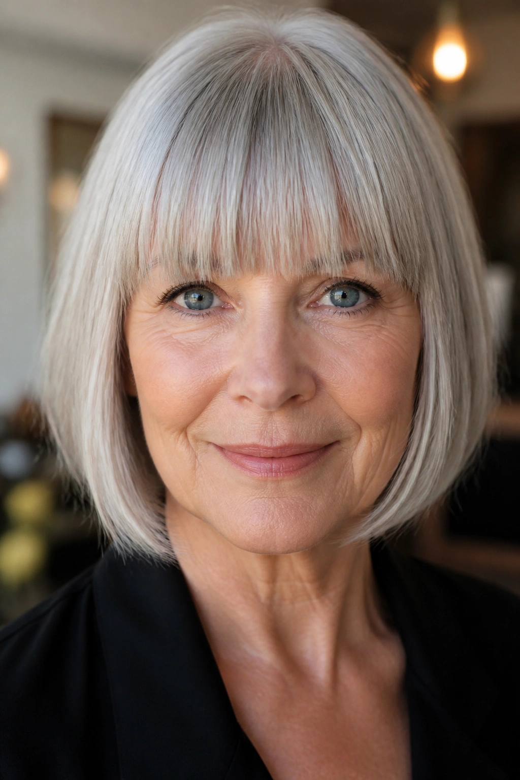 Close-up portrait of an older woman with brow-grazing blunt bangs
