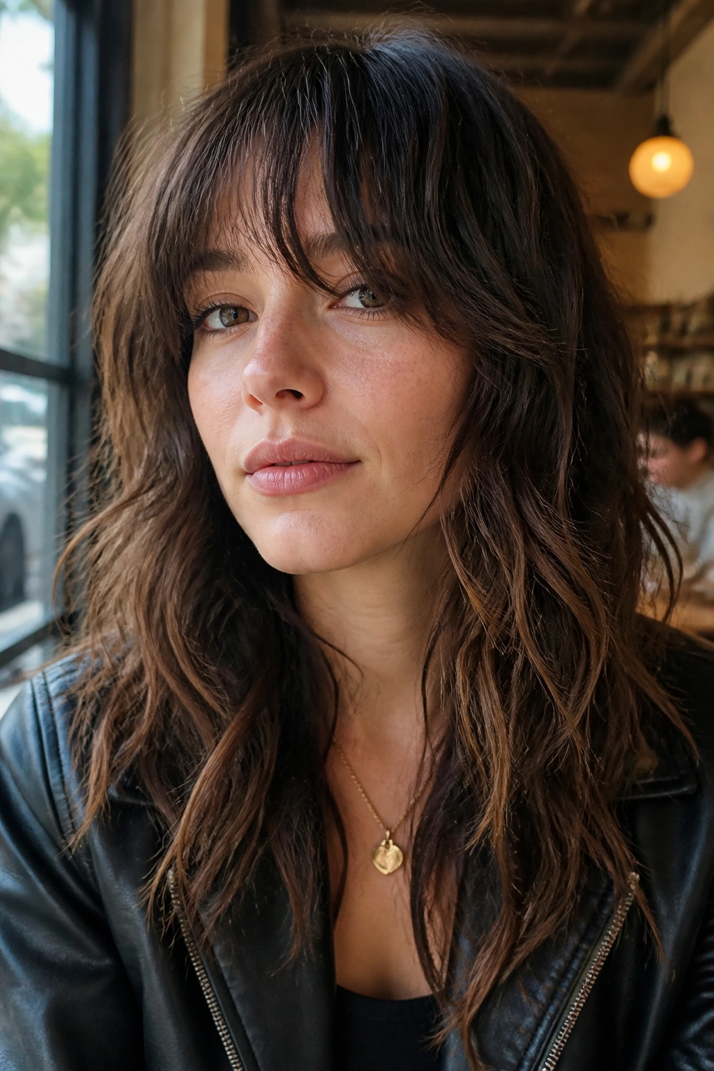Close-up of a real woman with brow-grazing fringe and choppy ends on wavy hair