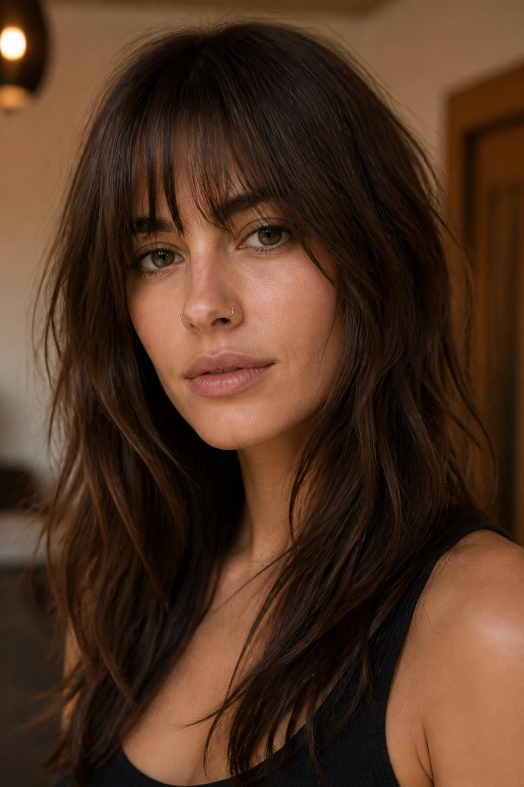 Portrait of a person with brow-grazing choppy fringe on long layers