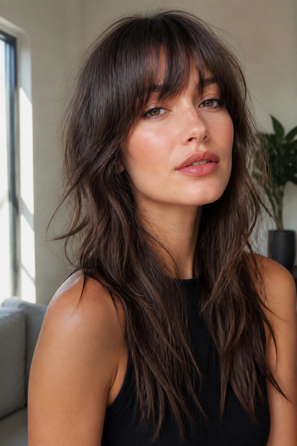 Close-up of real woman with brow-grazing fringe on long wolf cut in soft daylight.