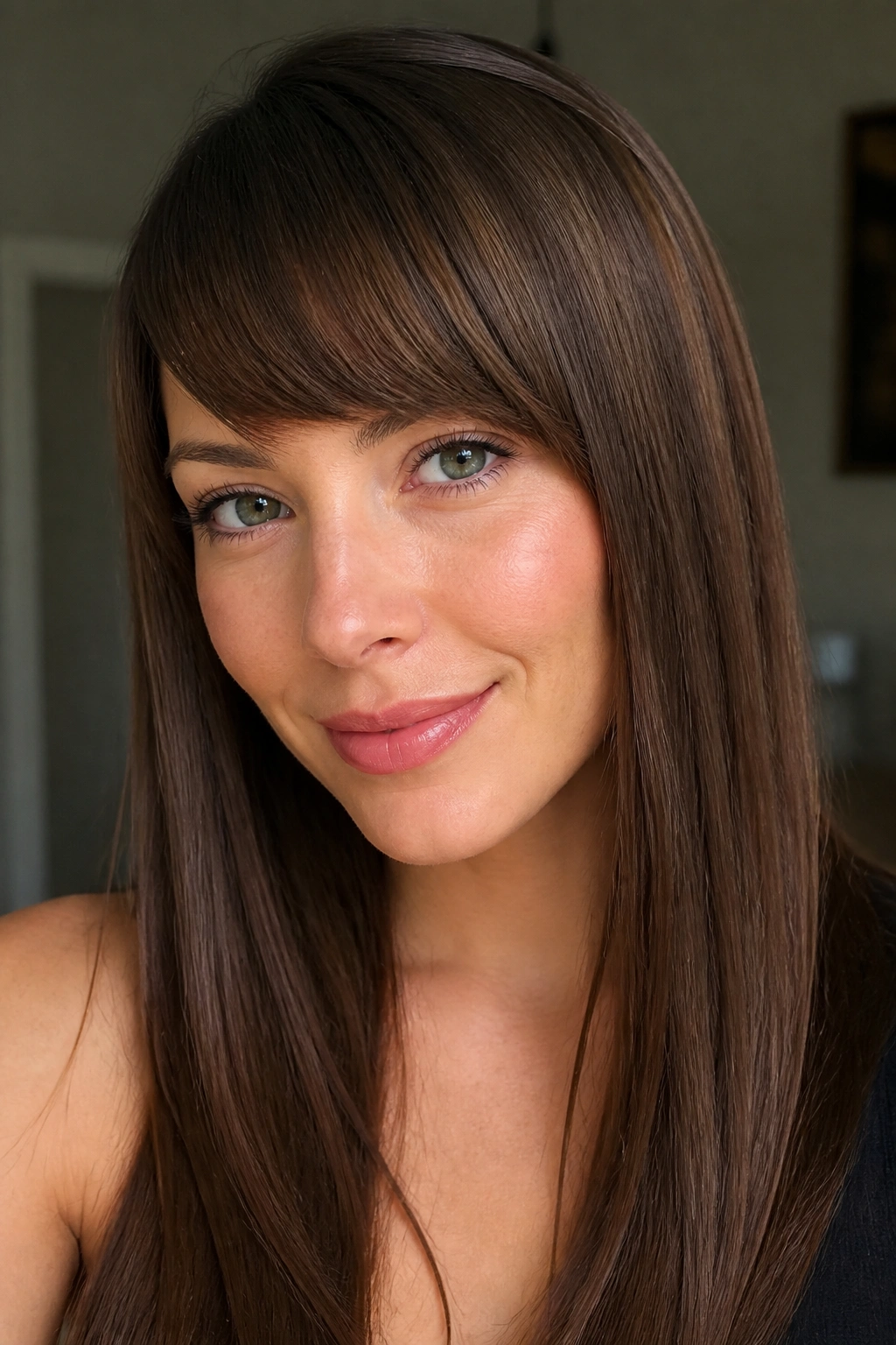 Close-up of a real woman with brow-skimming side bangs and a clean edge