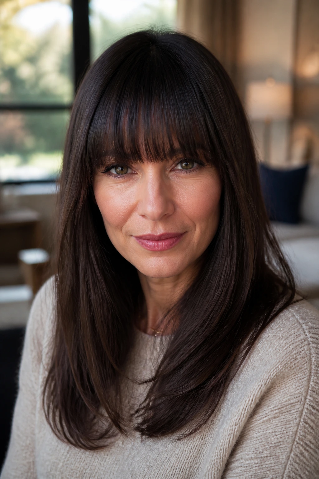 Close-up portrait of a woman with brow-skimming straight bangs in warm window light