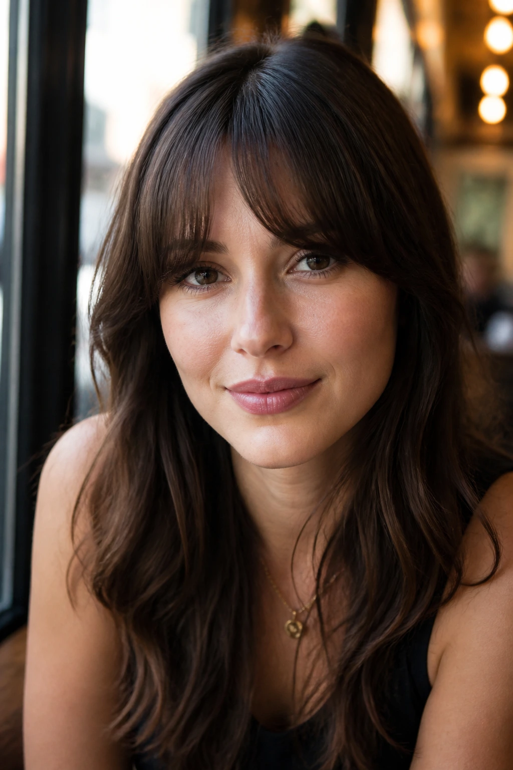 Close-up portrait of a real woman with brow-skimming curtain bangs
