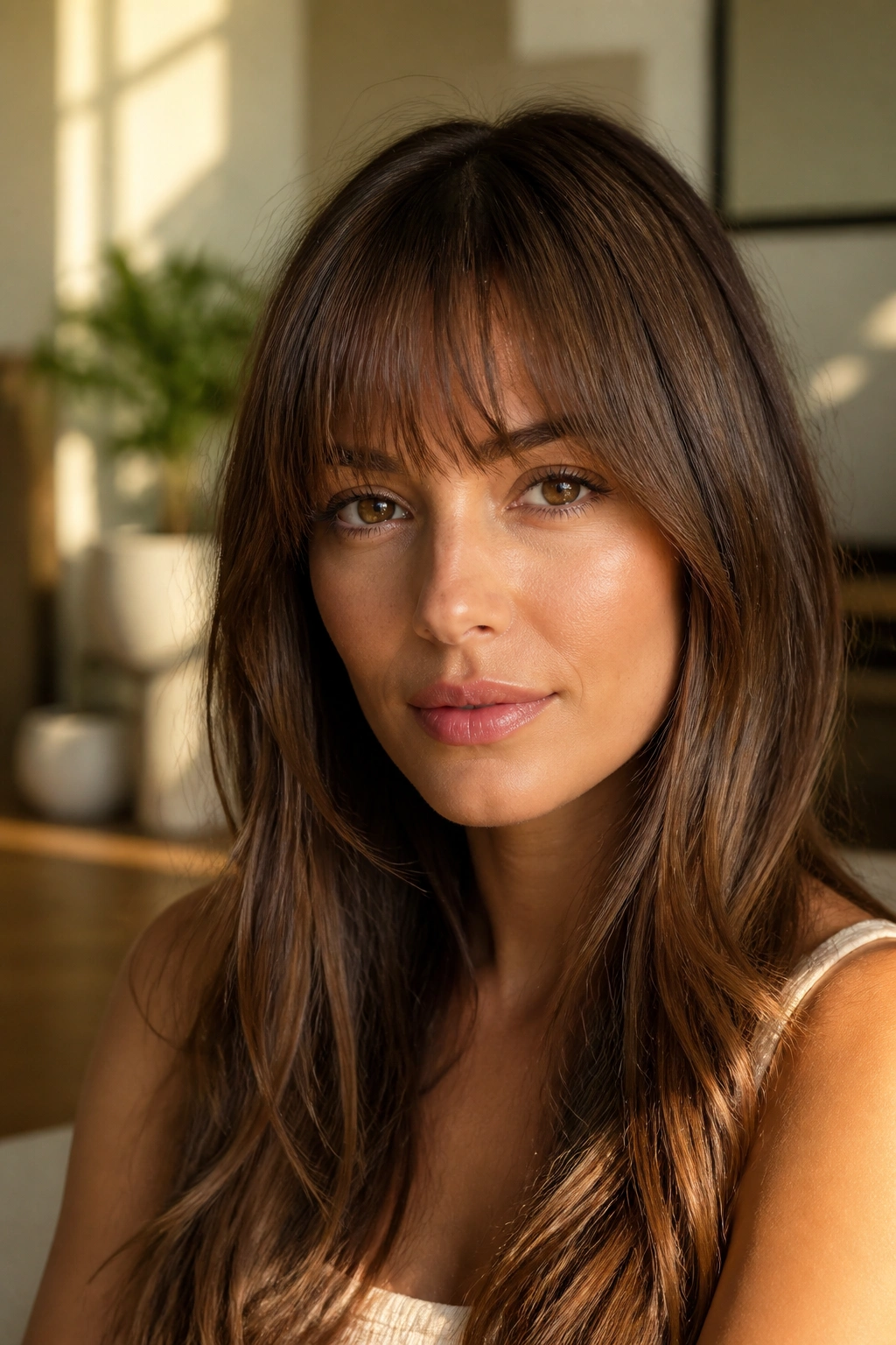 Close-up of a real woman with brow-skimming feathered bangs and light edge