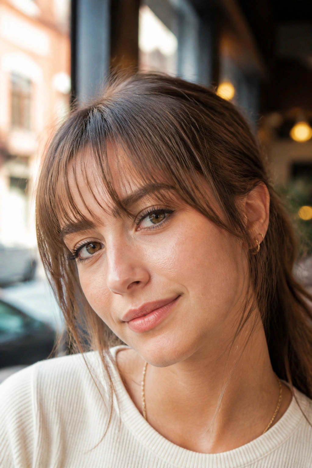 Close-up of a woman with wispy fringe at the brows in cafe window light