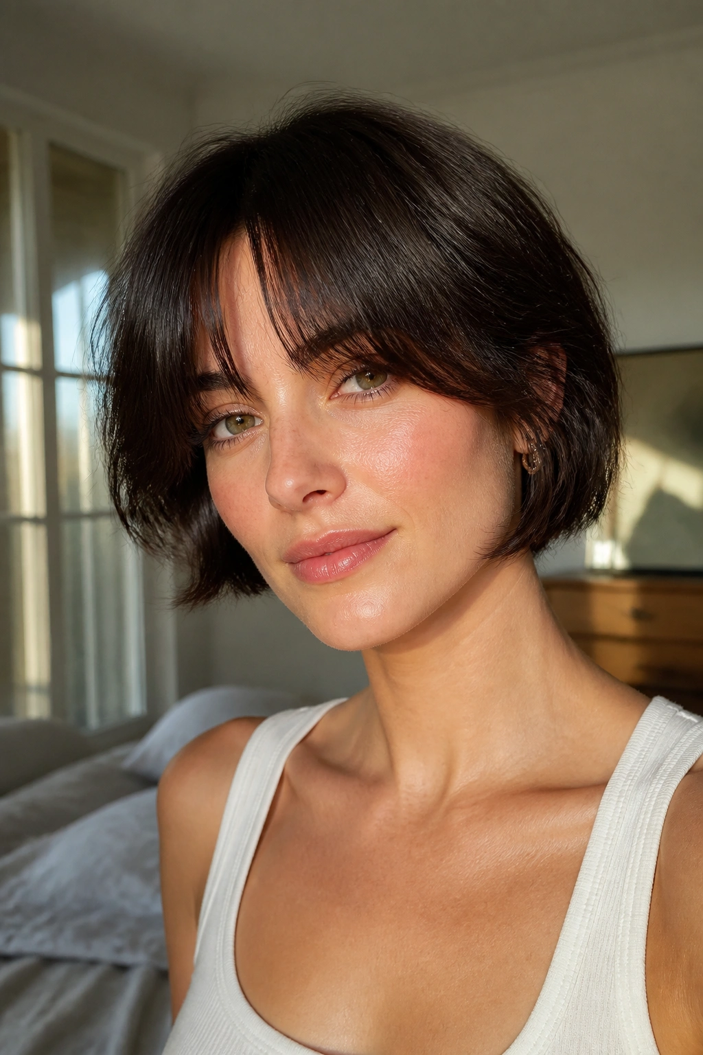Close-up of a woman with brow-skimming bangs and soft curtain ends