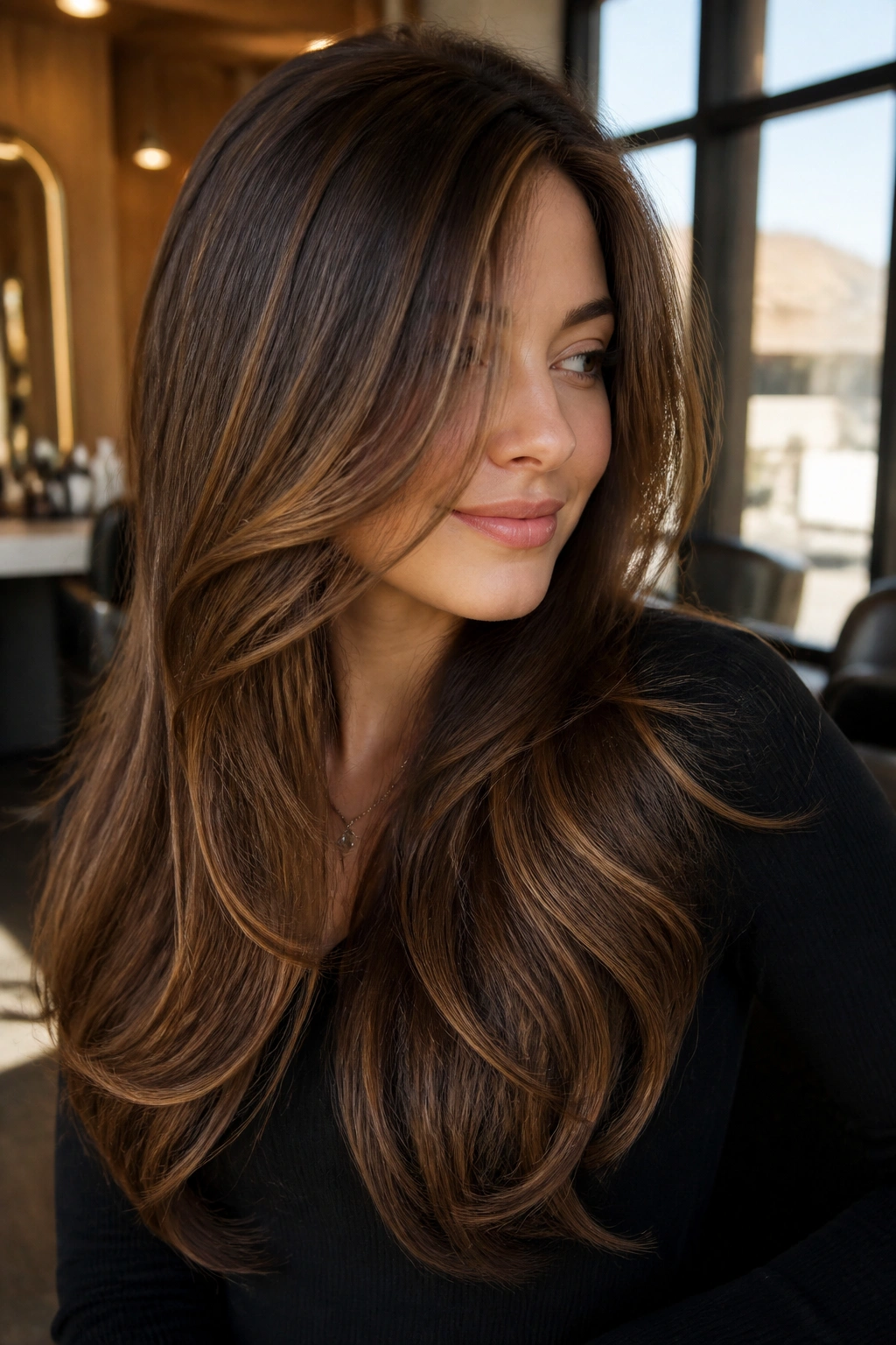 Close-up of a real woman with long brown layered hair and caramel ribbons, motion in natural light
