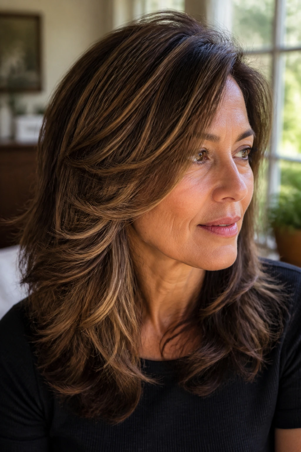Real person with layered hair showing brown sugar highlights and texture