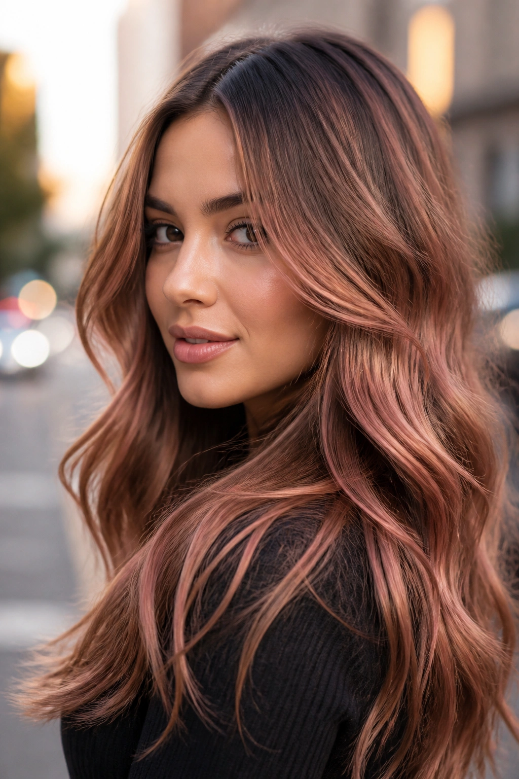 Close-up of a real woman with rose-gold warmth over brown sugar hair in warm light