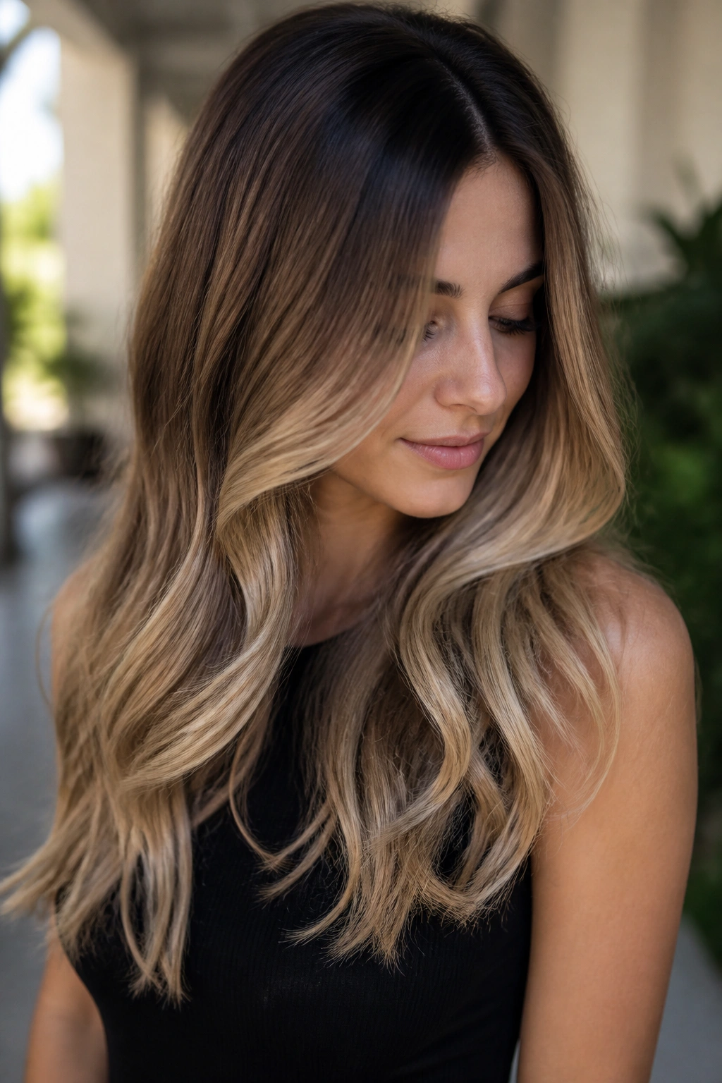 Real woman with a seamless brown to blonde melt hairstyle