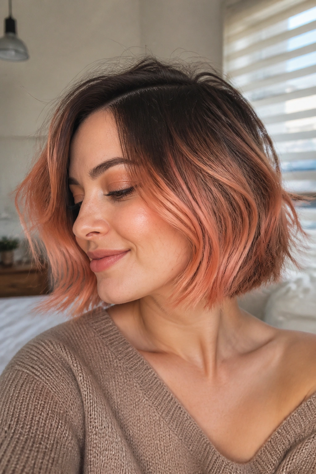 Close-up of a real woman with brunette to apricot blush on short hair in soft window light