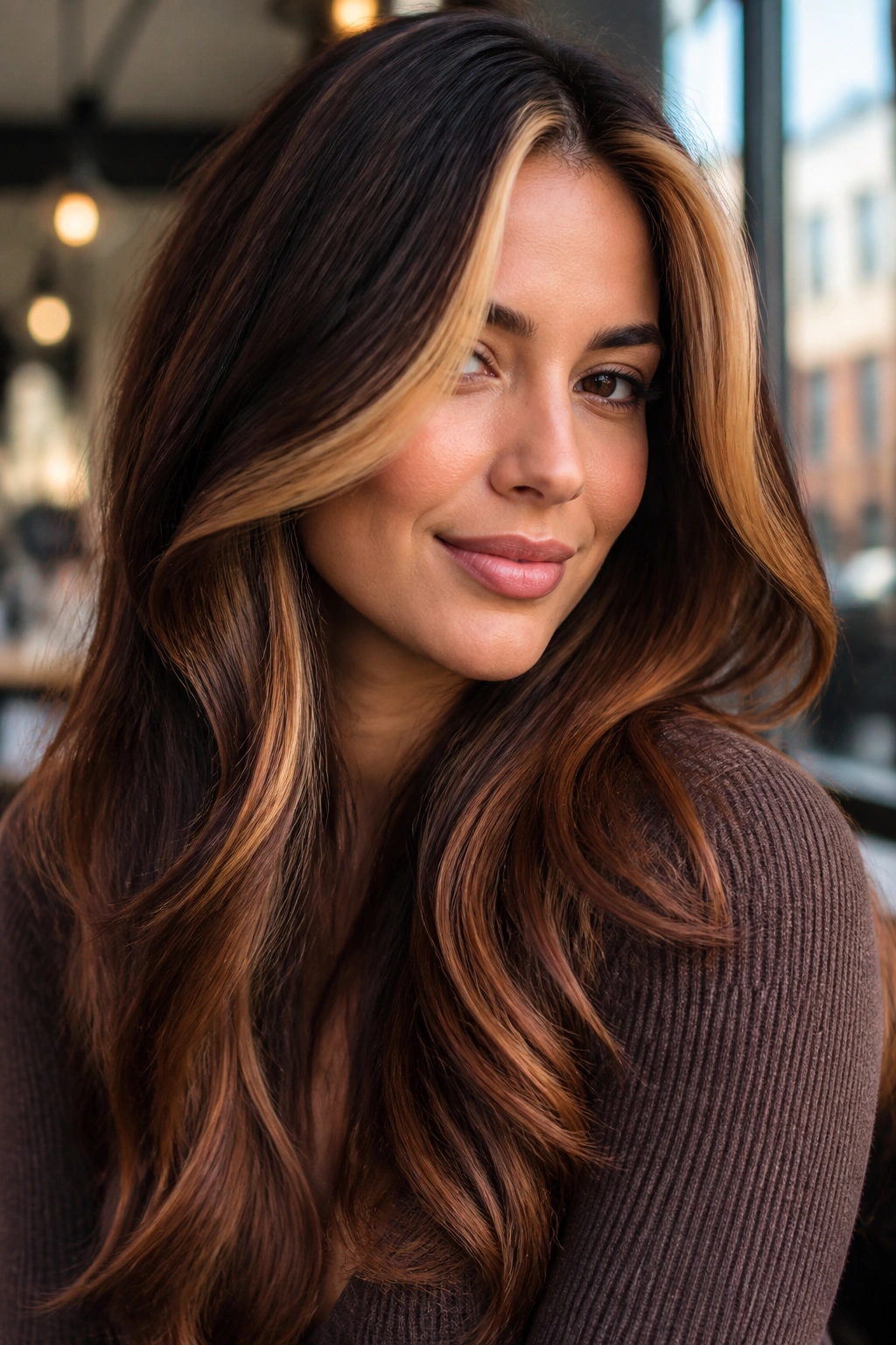 Close-up of long hair with gold money piece, brunette base, and auburn mid-lengths on a real person
