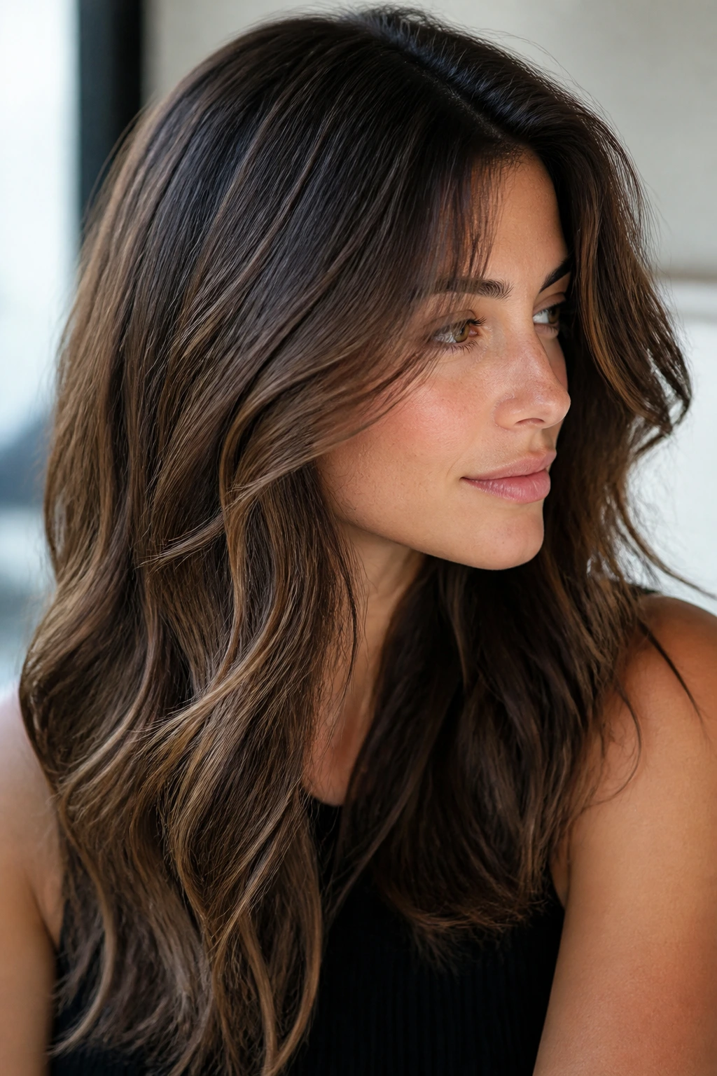 Close-up of a real person with brunette babylights blending into dark brown hair