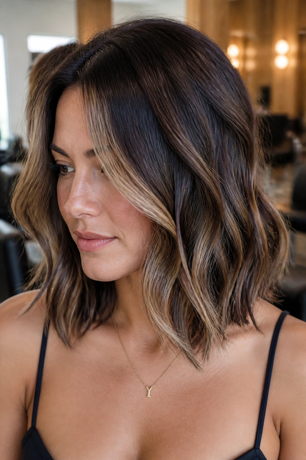Close-up of brunette wavy lob balayage with contrasty ribbons near the face.