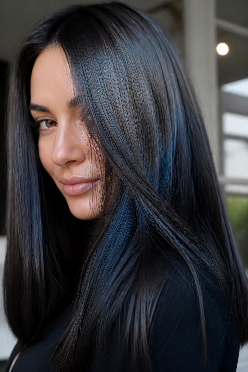 Glossy smoky brunette with blue-black shine close-up.