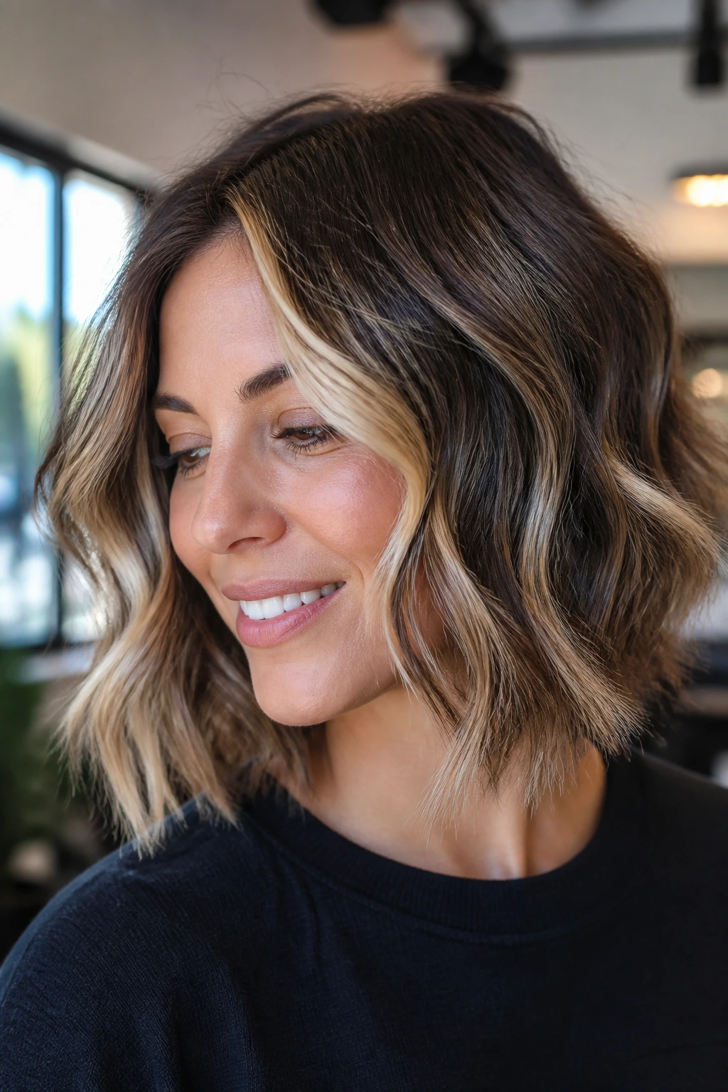 Close-up of a real woman with a wavy brunette bob and chunky blonde highlights near a window