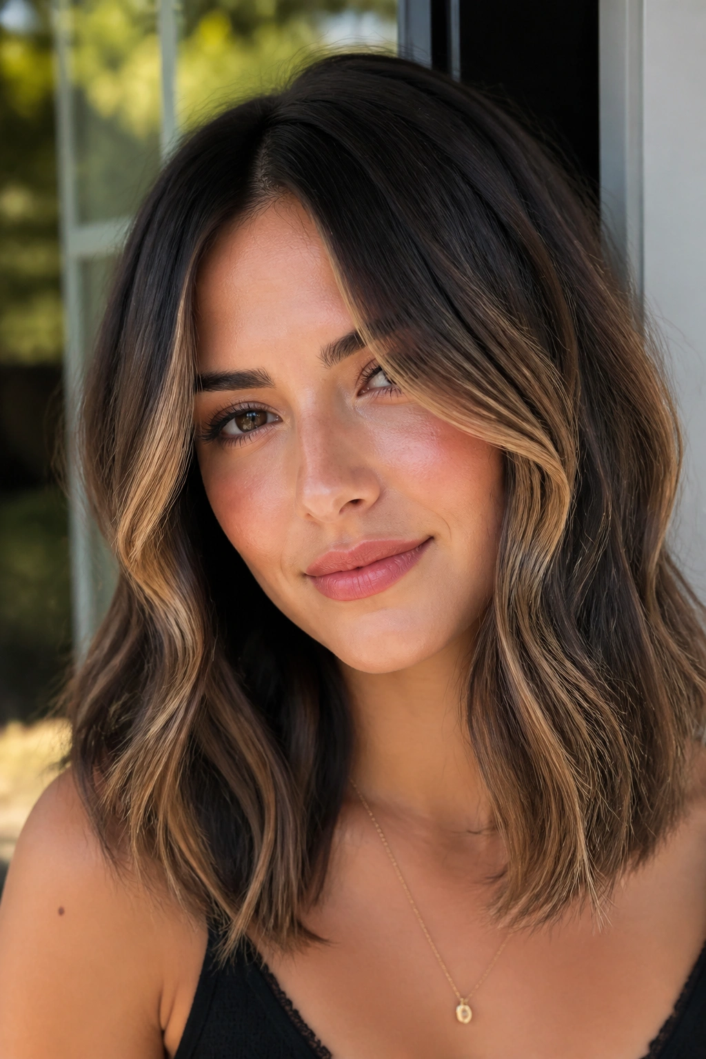 Close-up portrait of a real woman with brunette bronde and warm face-framing pieces.