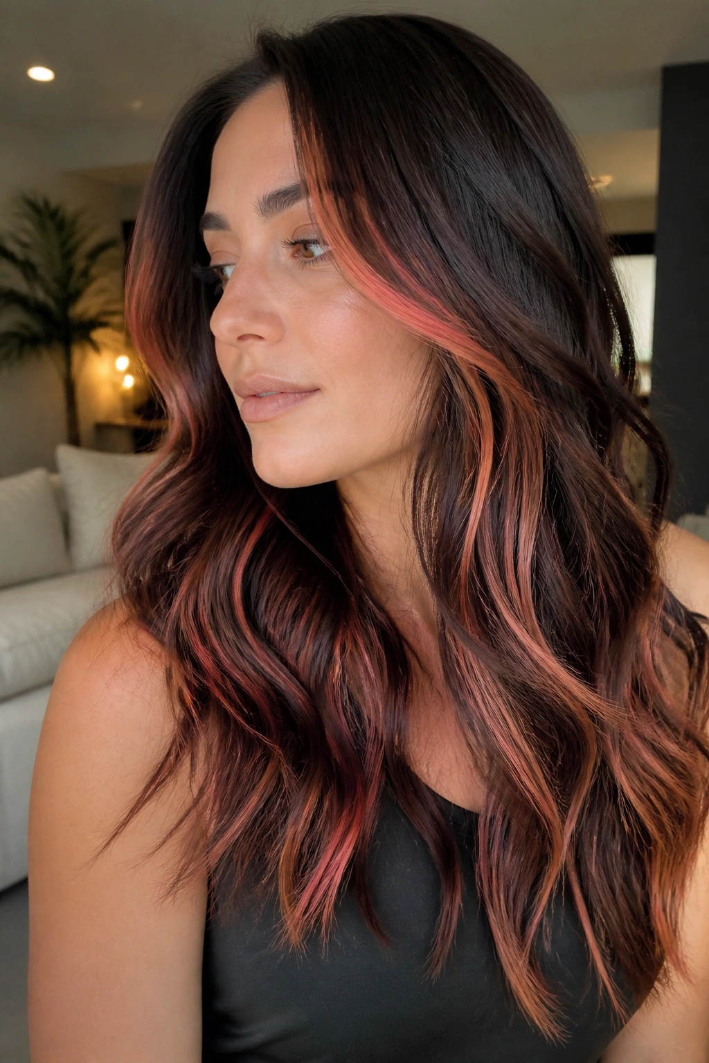 Close-up of a real woman with brunette coral balayage ribbons in dark brown hair