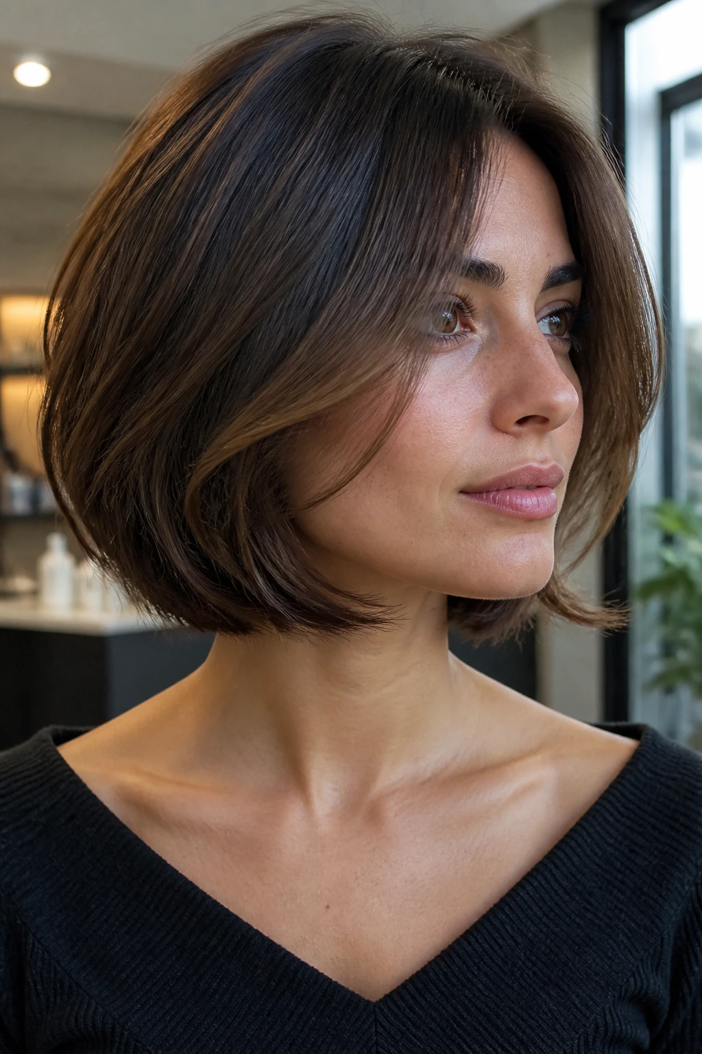 Close-up of brunette Italian bob with dimension and glossy finish