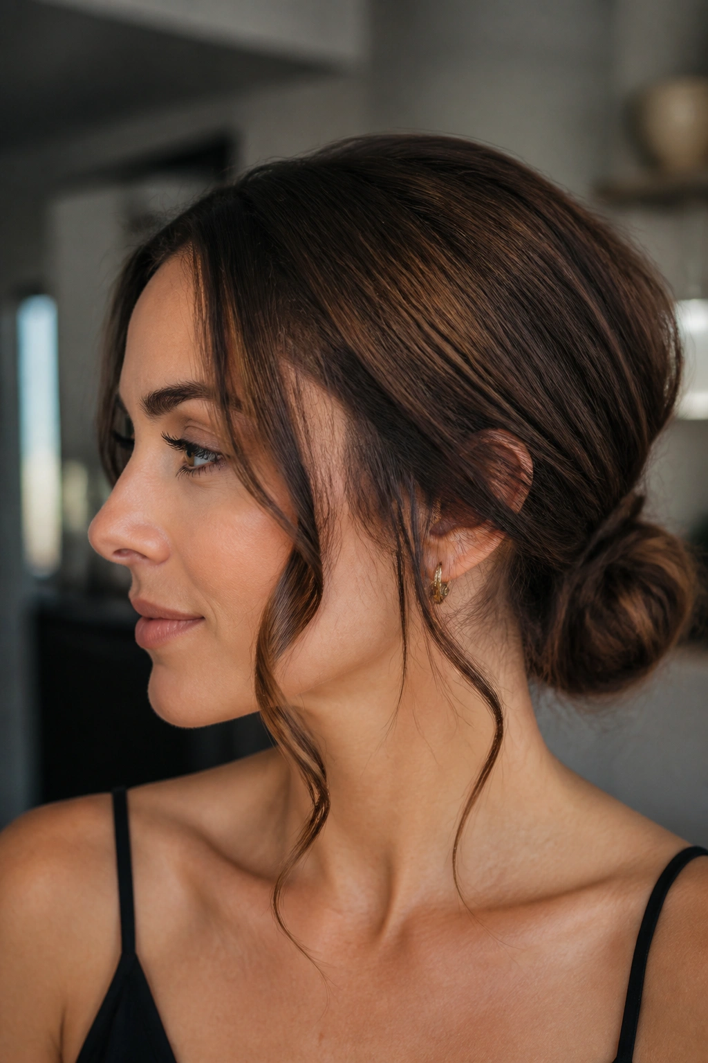 Brunette woman side profile with a low knot and face-framing tendrils