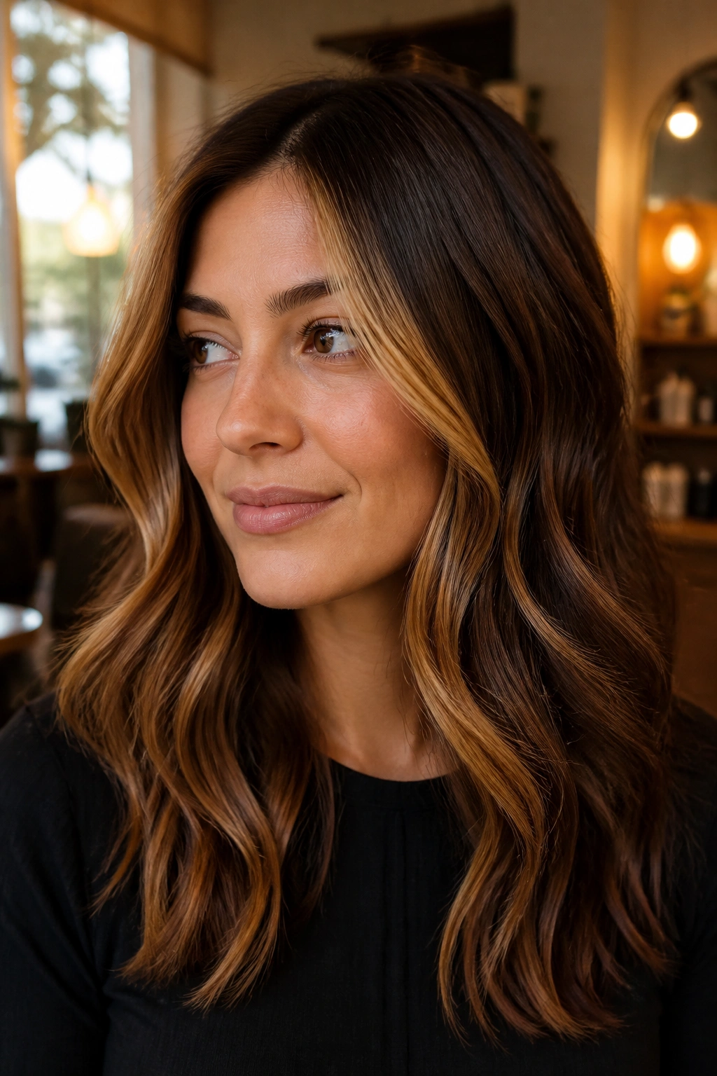 Close-up of brunette with warm caramel money piece framing the face